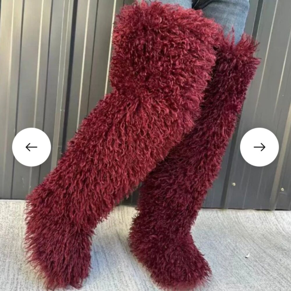 Burgundy thigh high fur boots